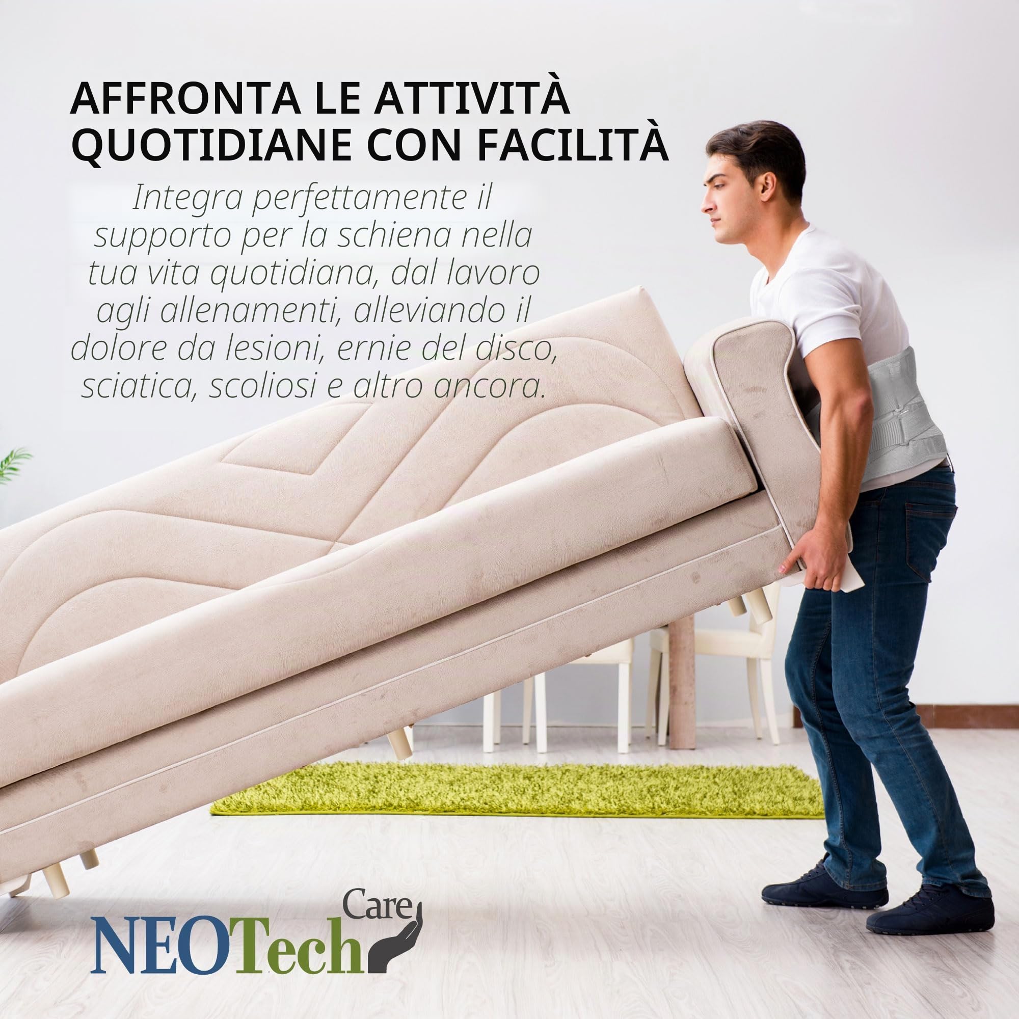 NEOtech Care - Fascia per schiena/parte bassa della schiena - Regolabile con doppio strappo - materiale traspirante e leggero - AMPIO supporto (Grigio, M)
