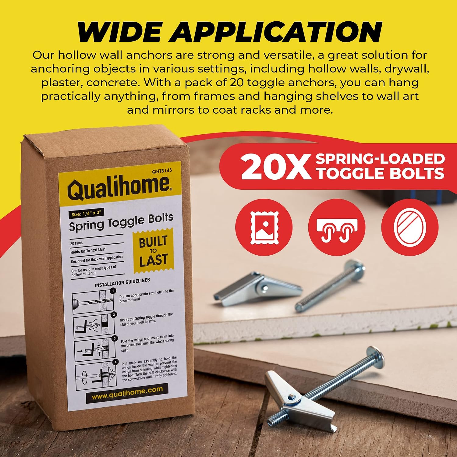 QUALIHOME Spring Toggle Bolt Anchors - Heavy Duty Wall Anchors for Hanging Items w/Hollow Walls & More - Stainless Steel Hollow Wall Anchor for Frames, Shelves, Mirrors & More, 20 Pack (1/4" x 3")