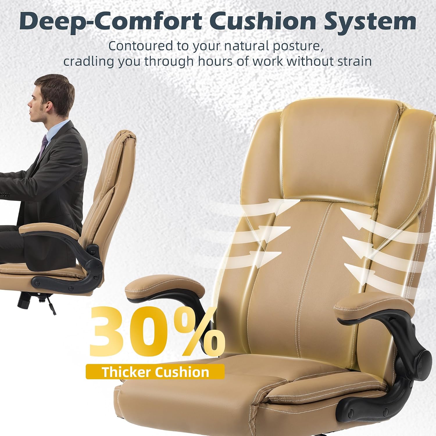 Office Chair - Executive Leather High Back Office Desk Chair with Rocking Function - Ergonomic Breathable Comfortable Wide Swivel Rolling Gaming Computer Chair with Flip-up Armrests & Lumbar Support image 5
