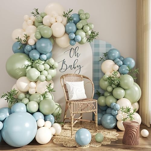 Sage Green Dusty Blue Balloons Arch Kit, Pastel Balloons Blue Sage Green Sand White Balloon Arch Garland for Goose Birthday Gender Decorations Baby Shower Wedding Decor
