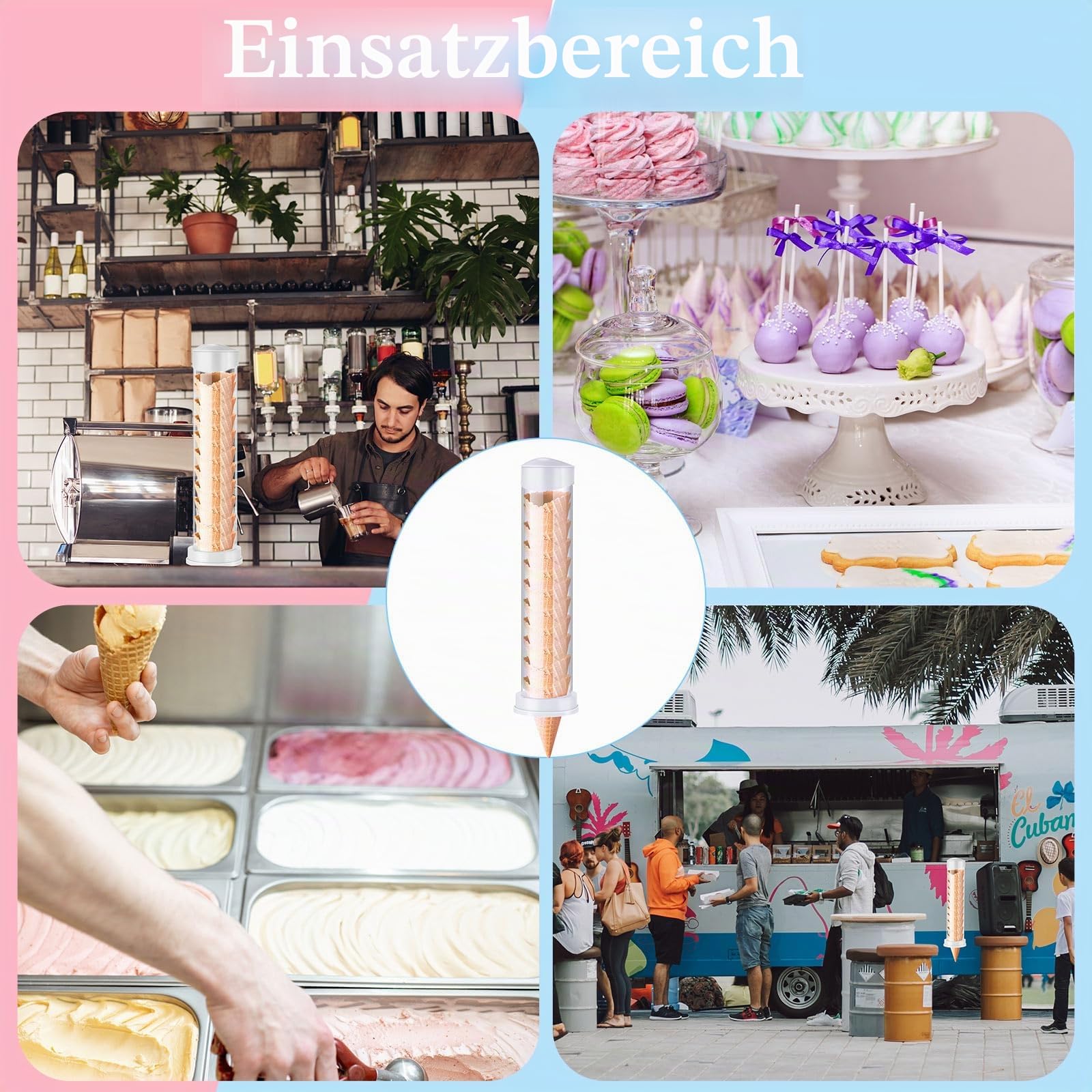 Tioncy Eistütenspender, Waffelhalter, 40,6 cm L x 7,6 cm Durchmesser, mit 2 Dichtungen für Eiscreme-Wandhalterung, 4 Stück