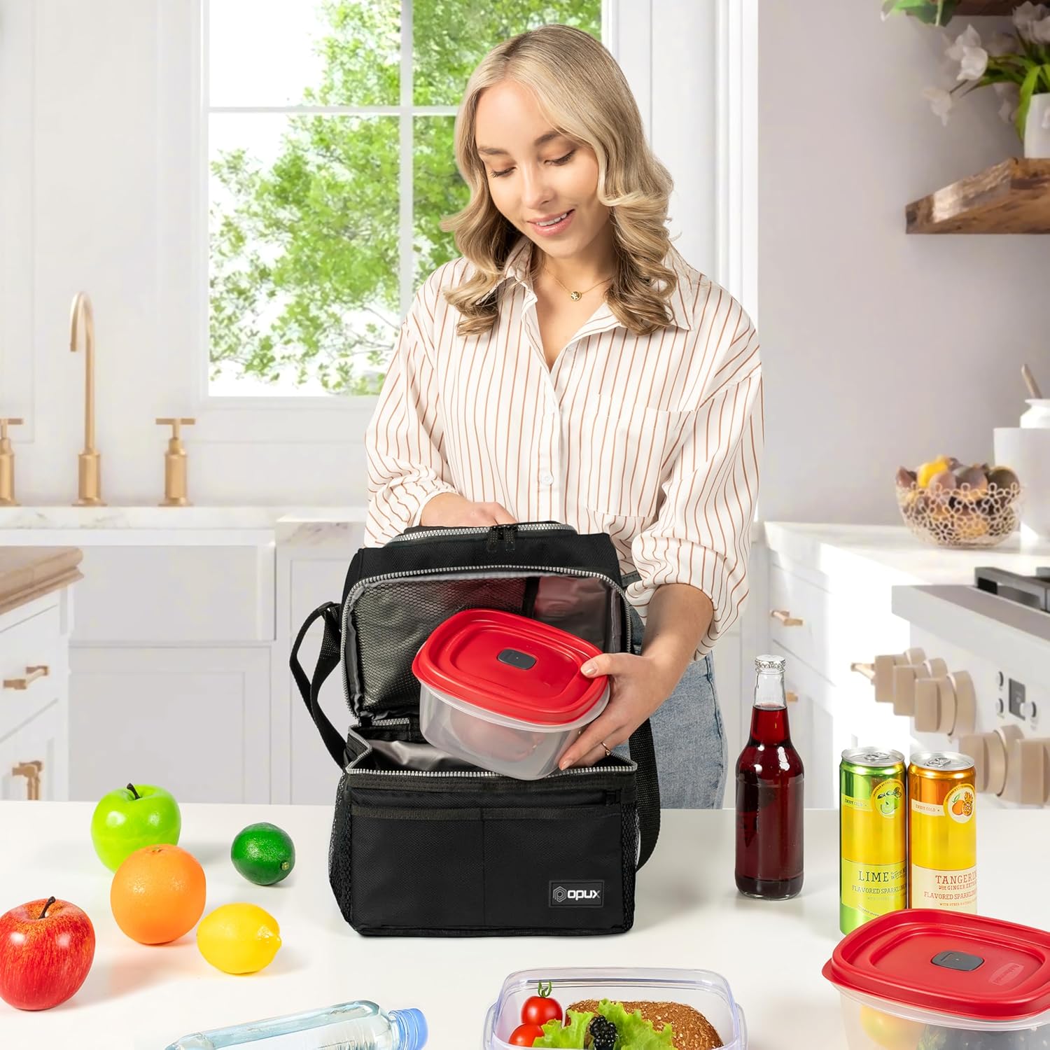 OPUX Lunch Box For Men Women, Insulated Large Lunch Bag Adult Work, Double Decker Lunchbox Meal Prep, Dual Compartment Leakproof Lunch Cooler, Soft Lunch Pail Tote Boys Girls Kids School, Black 16 Can - Image 4