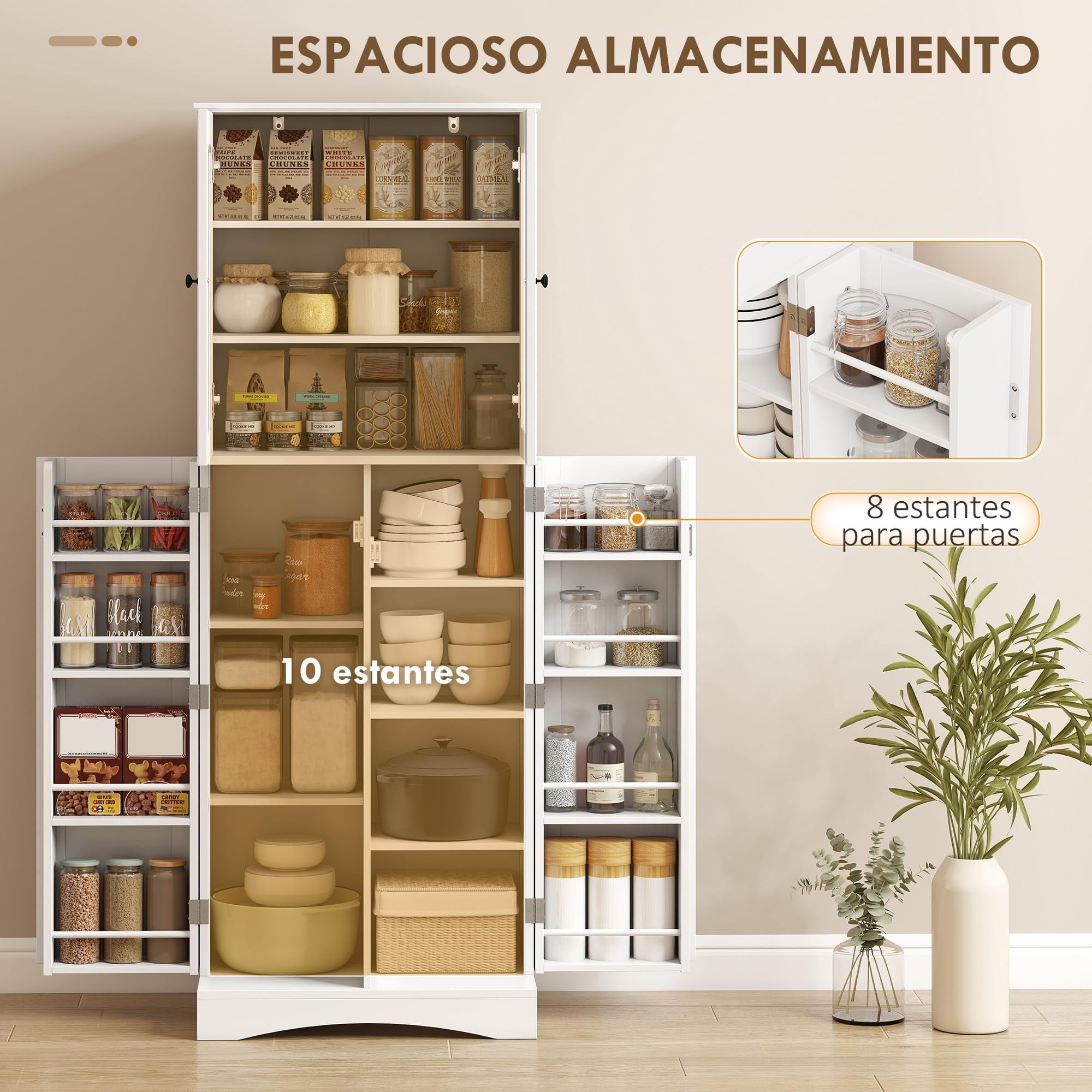 HOMCOM Armario de Cocina, Armario Despensa Cocina, con Puertas Acrílicas de Cierre Suave, 10 Estantes, 8 Compartimentos, Alacena Moderna con 4 Estantes Ajustables para Comedor, 60x40x162 cm, Blanco
