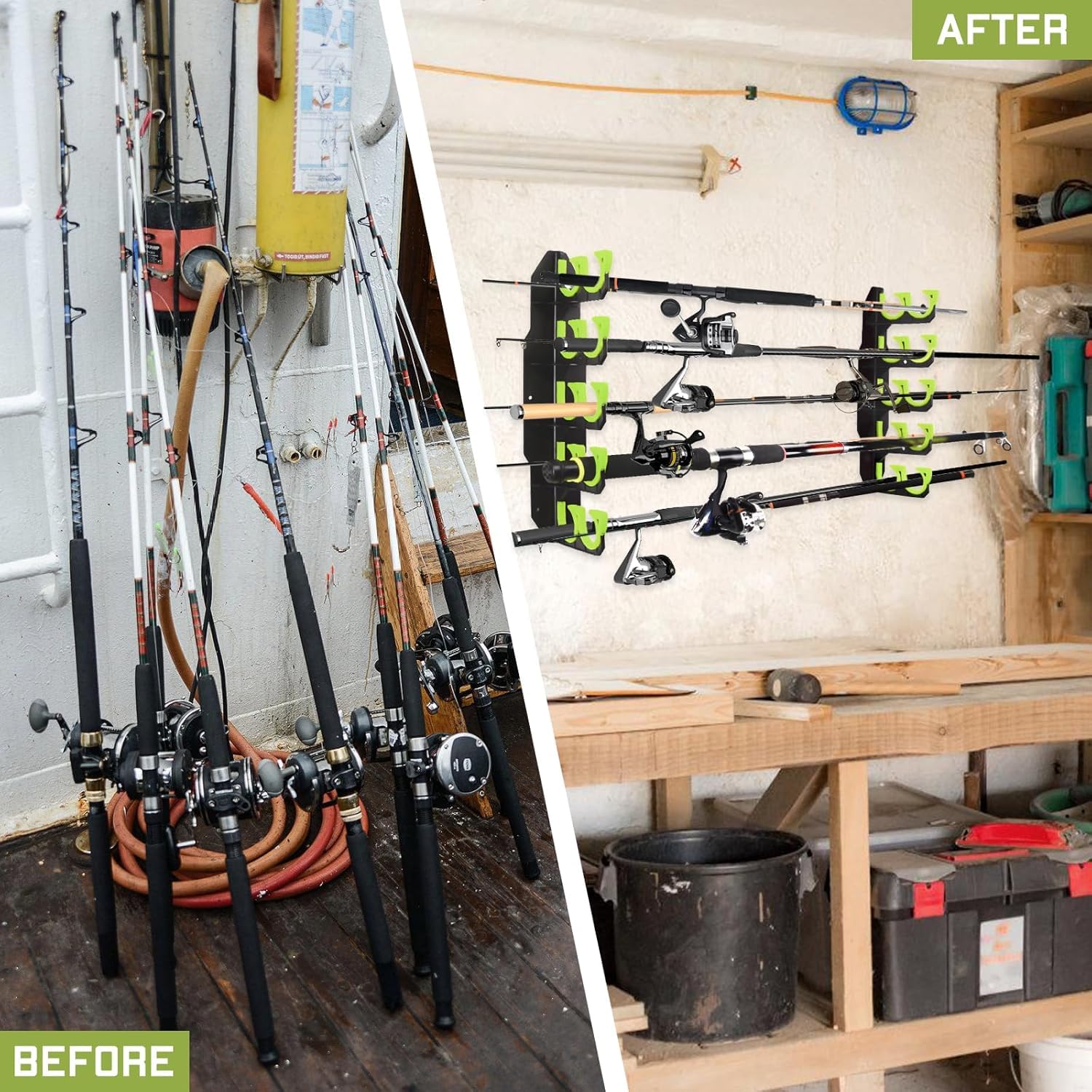 BOOSTEADY Soporte para Cañas de Pescar Estante de Cañas de Pescar para Garaje, Pesca Accesorios, Montaje en Pared o Techo, Equipo de Pesca, Verde, 2 Piezas