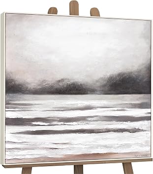 YS-Art Framed acrylic painting on canvas Mediterranean Sea Abstract landscape in monochrome color Hand-painted artwork for interior 40x40 inches