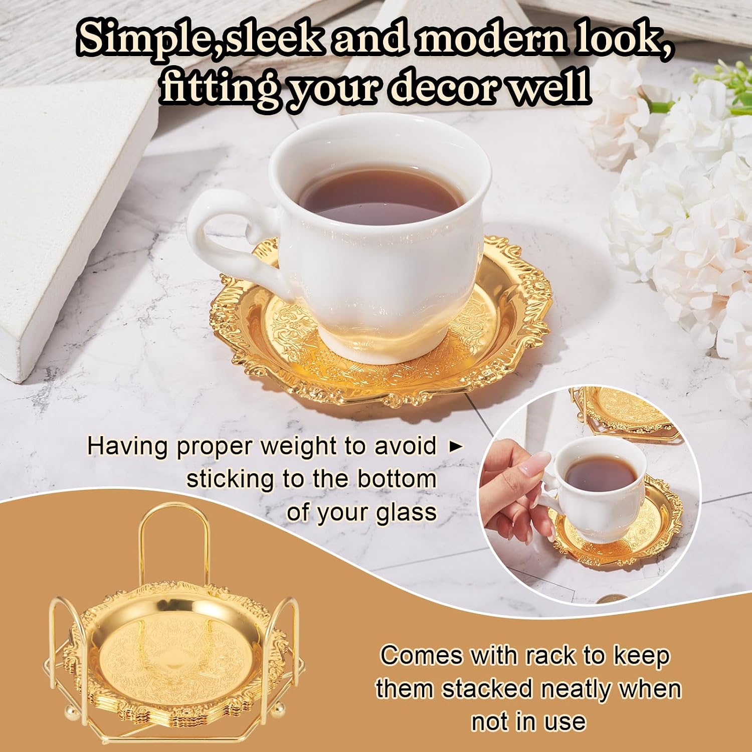 6 pcs Gold Drink Coaster with Holder Vintage Coasters Round Coasters Metal Cup Mats for Wedding Coffee Table Glass Mug Hotel Bar Teacu22.98p Party Supplies