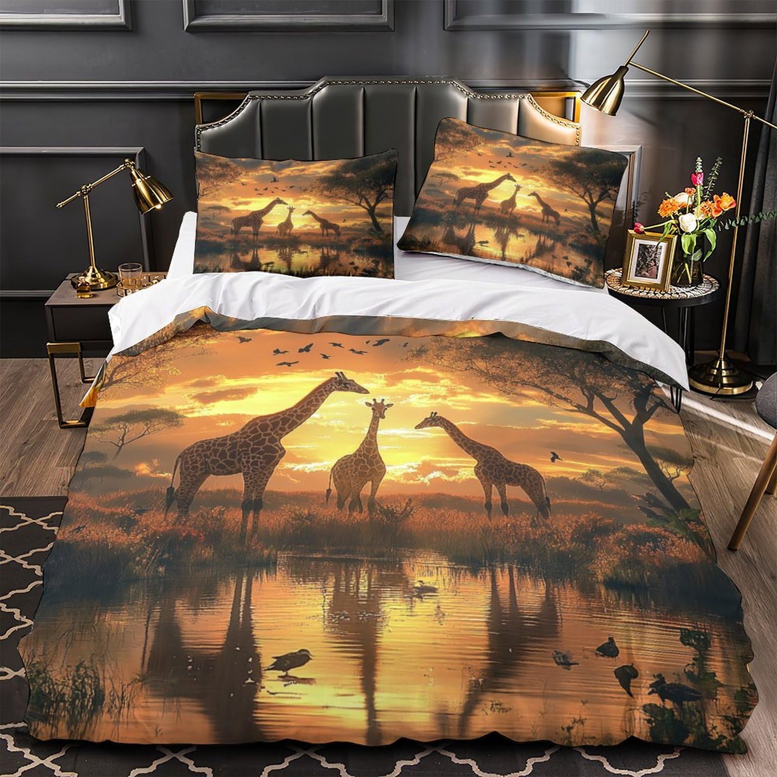 Housse de couette anti-decoloration et douce motif girafe pour lit 2 personnes