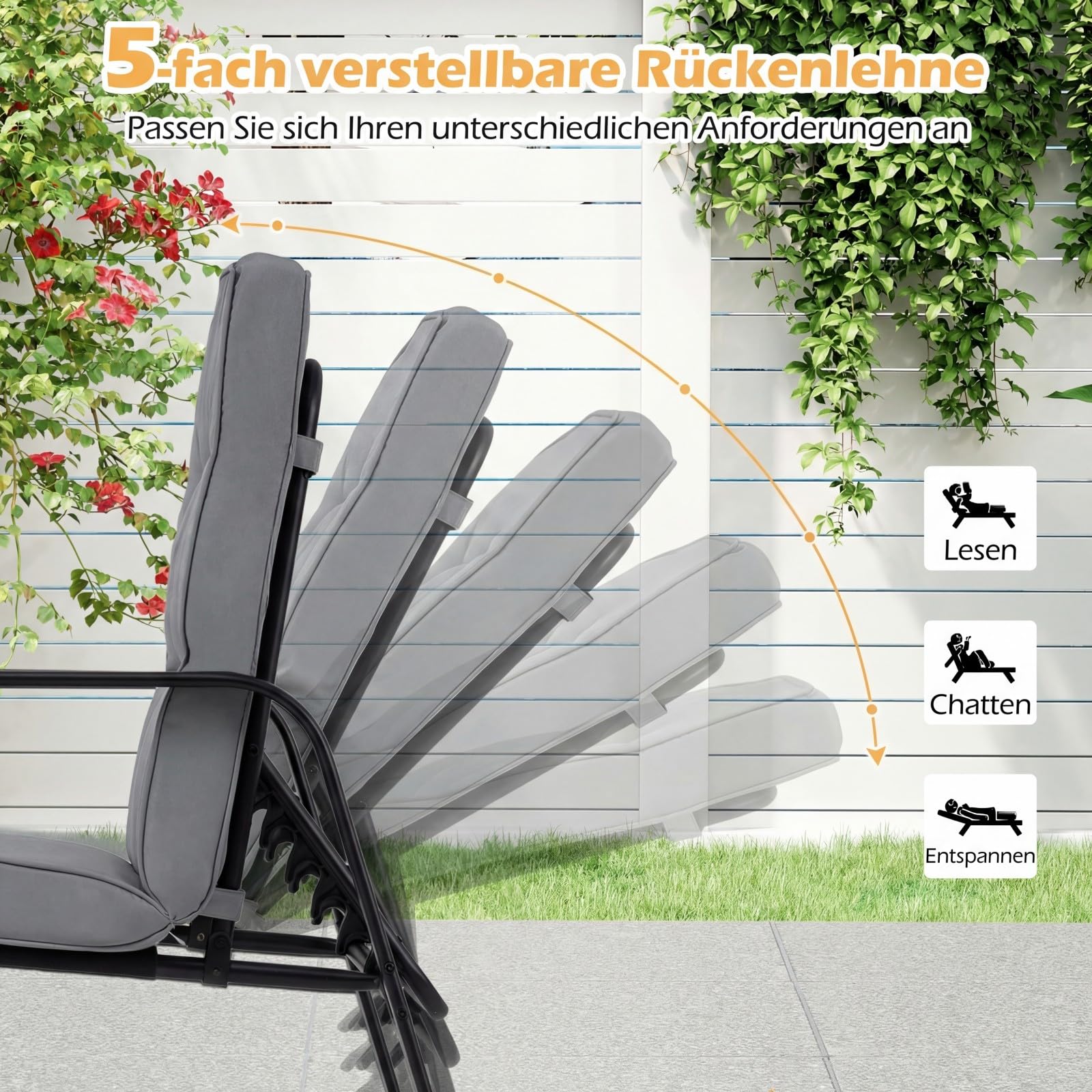 COSTWAY Gartenstühle 2er Set, Gartensessel mit Kissen und Verstellbarer Rückenlehne, Balkonstühle, Terrassenstühle bis 180 kg belastbar, für Garten, Balkon, Terrasse (Grau)