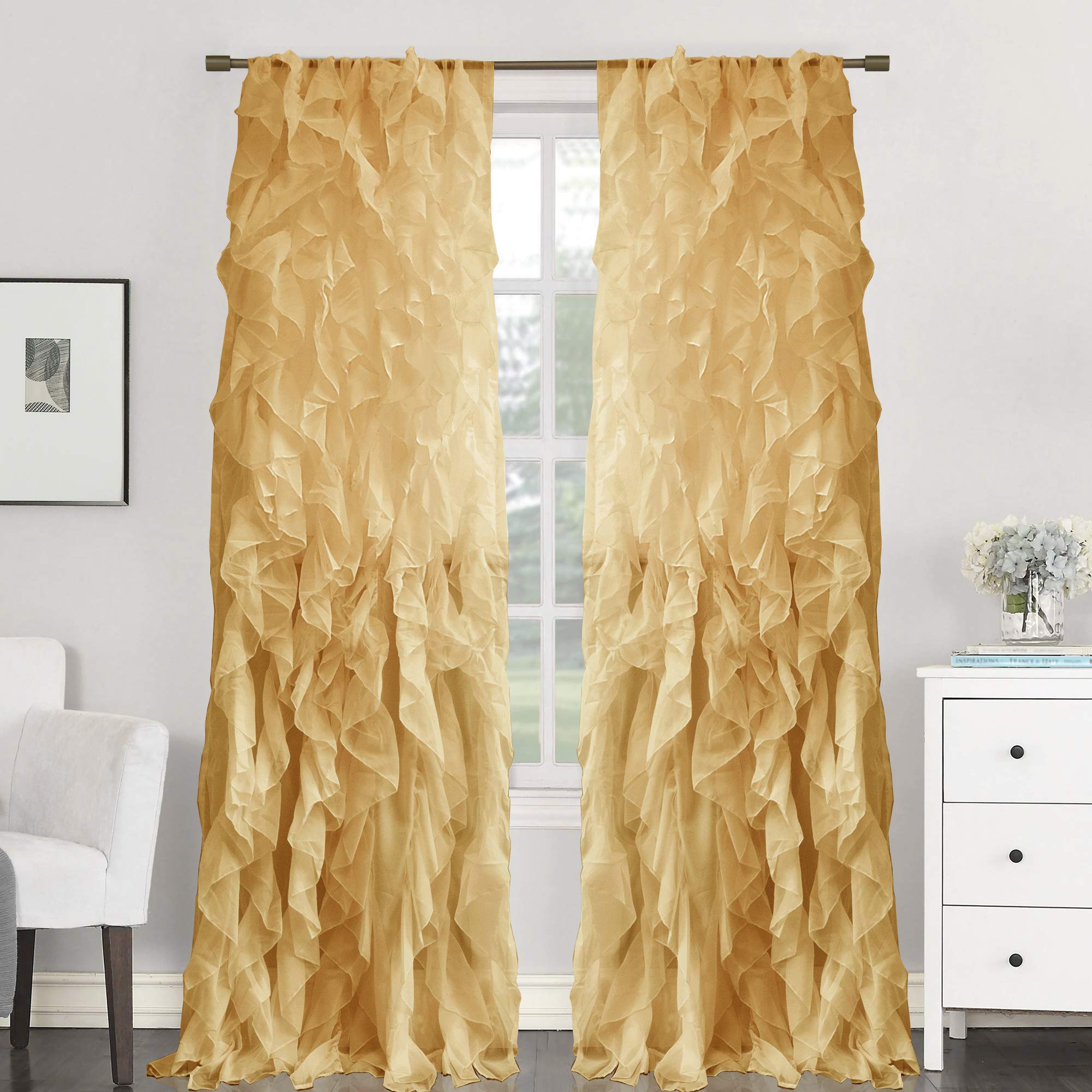 Sweet Home Collection Sheer Voile Vertical Ruffled Window Curtain Panel x, 84" x 50", Spice, 2 Piece 96" x 50" SHRPNL-96-CAML-2PK