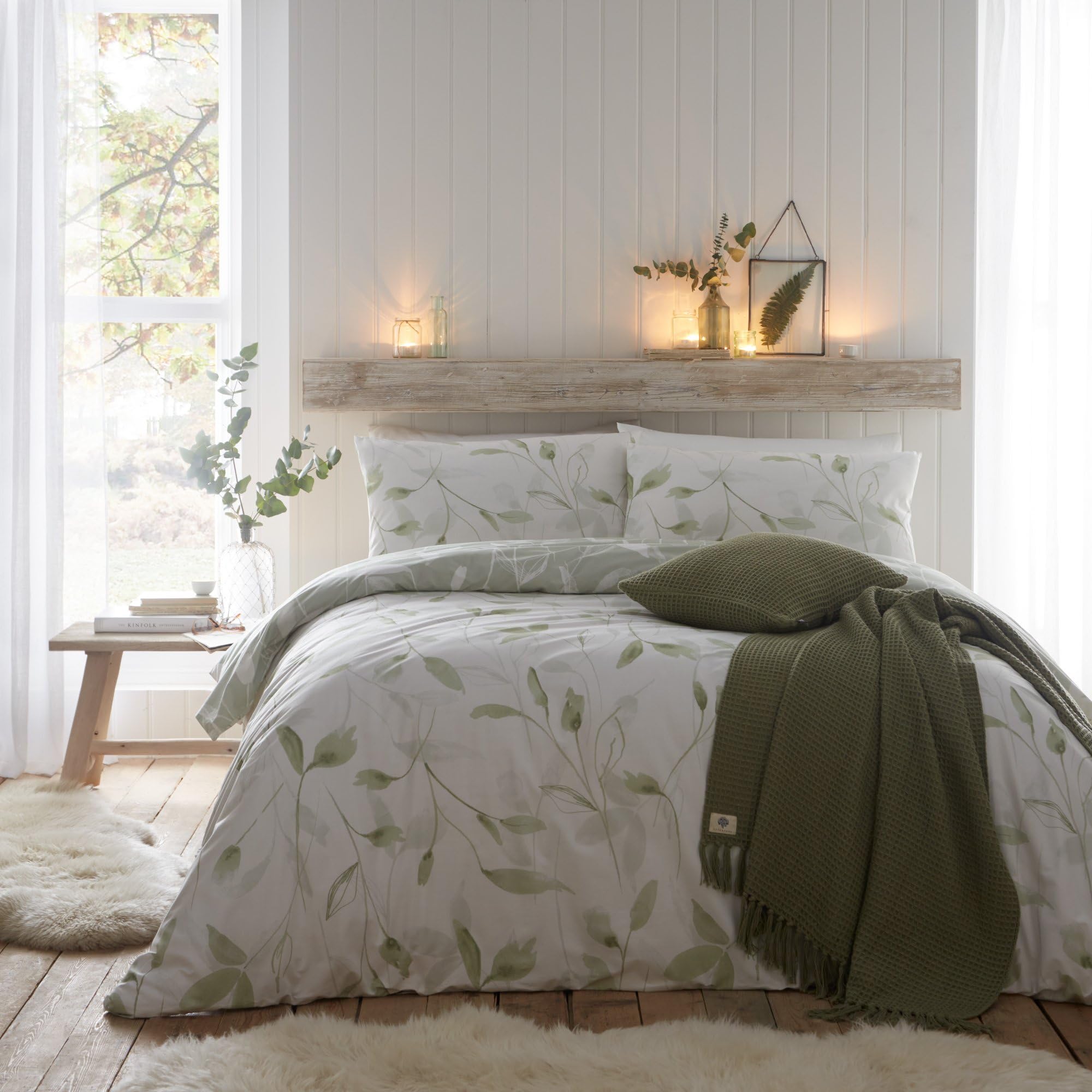 Drift Home - Eco Green Plants Duvet Cover - Super King Bedding Size (260 x 220cm) - Very Soft Brushed Cotton - Sustainable Recycled Cotton - 2 Pillowcases - Green Floral Duvet Cover - White Bedding