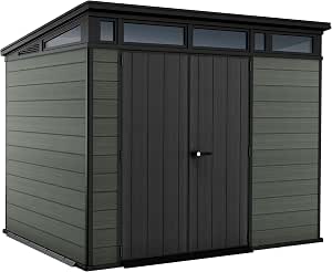 Keter Cortina 9x7 ft Outdoor Storage Shed with Wood-Look Panels, Skylight, Window, Steel Reinforcement & Lockable Double Doors, Green