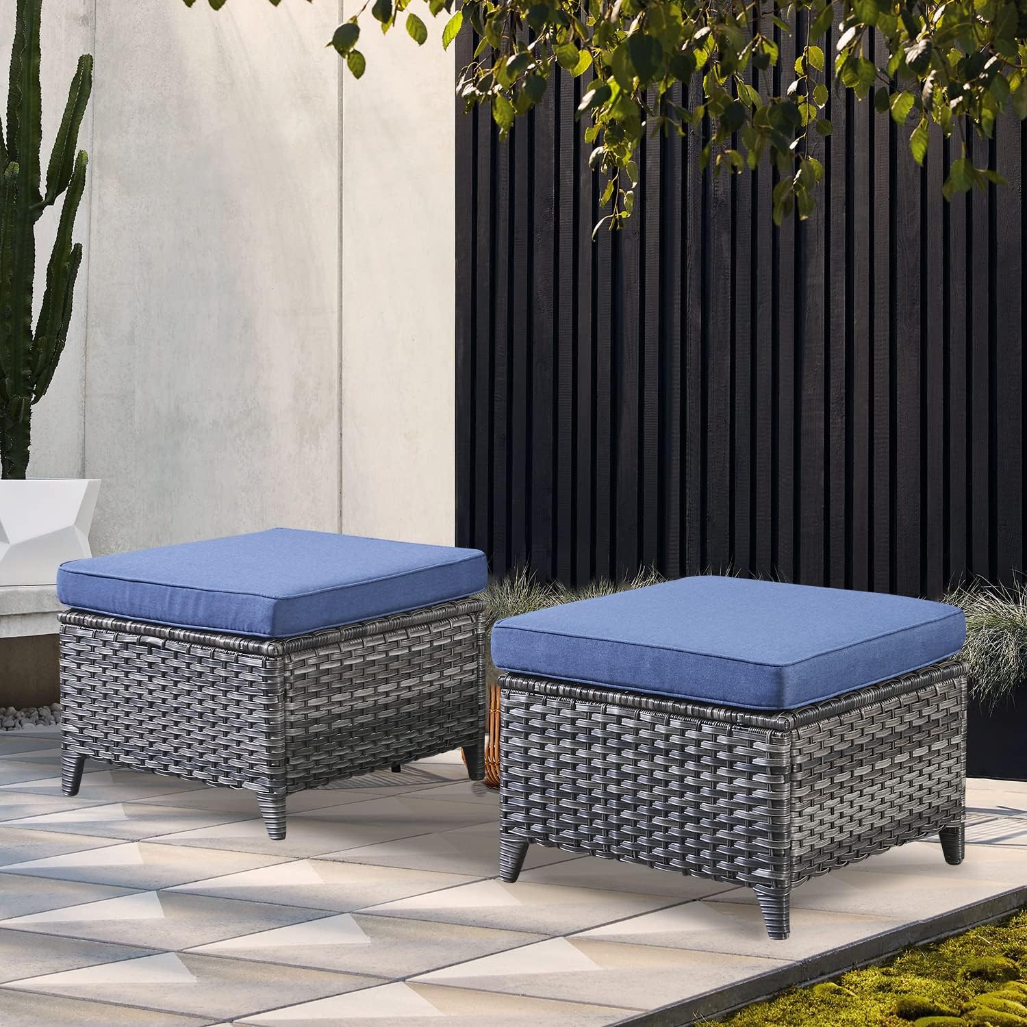 Belord Outdoor Furniture Ottoman Set of 2 Patio Seating Footstool All-Weather Rattan Wicker Ottoman Seat with Soft Cushions for Patio Furniture Set