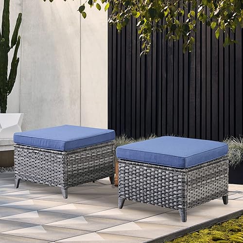 Miniatura 2 de Juego de 2 taburetes otomanos de mimbre de ratán para todo tipo de clima, con cojines suaves para muebles de patio