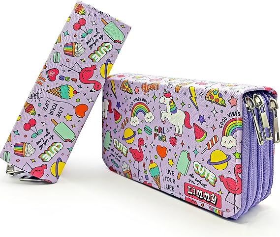 Limmy Pencil Case Unicorn-Flamingo Kawai Organizer Pencil Case Vegan Leather Three-Part Pen Holder -Purple