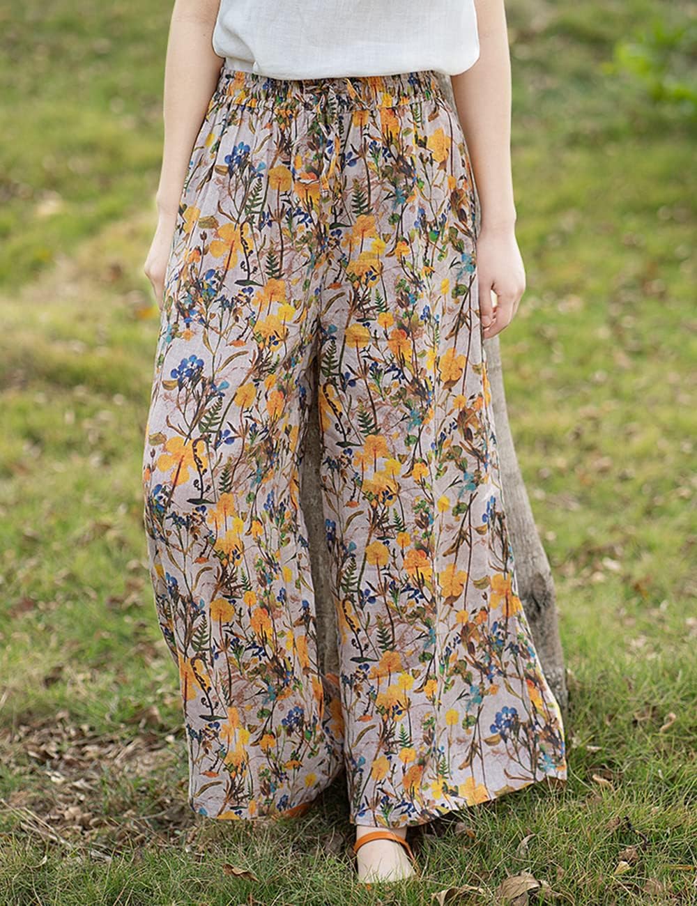 NFYM Women's Casual Summer Wide Leg Elastic Waist Linen Tropical Printed Boho Hippie Palazzo Pants with Drawstring