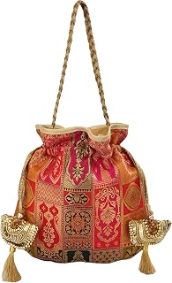 DUCHESS Multicolour Banarasi Potli Bag for Women with Braided Handle & Golden Sequin Latkan – Elegant Wedding, Festive and... Price In India