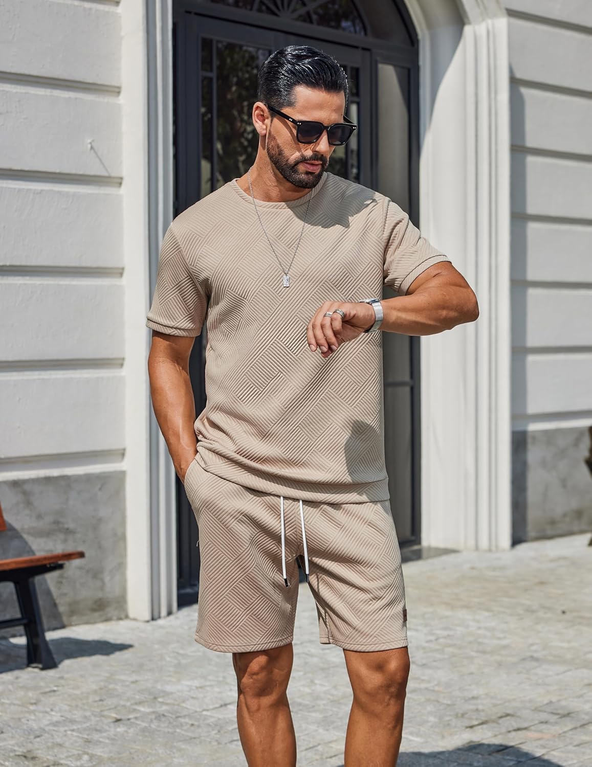 COOFANDY Men's Two-Piece Set Wrinkle-Resistant Stretch Short-Sleeve T-Shirt and Shorts Summer Casual Textured Outfits