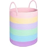 MINTWOOD Design Large Decorative Woven Cotton Rope Basket, Tall Laundry Basket Hamper, Blanket Basket for Living Room, Storage Baskets for Toys, Towel, Throw, Pillow, 60L Pastel Rainbow