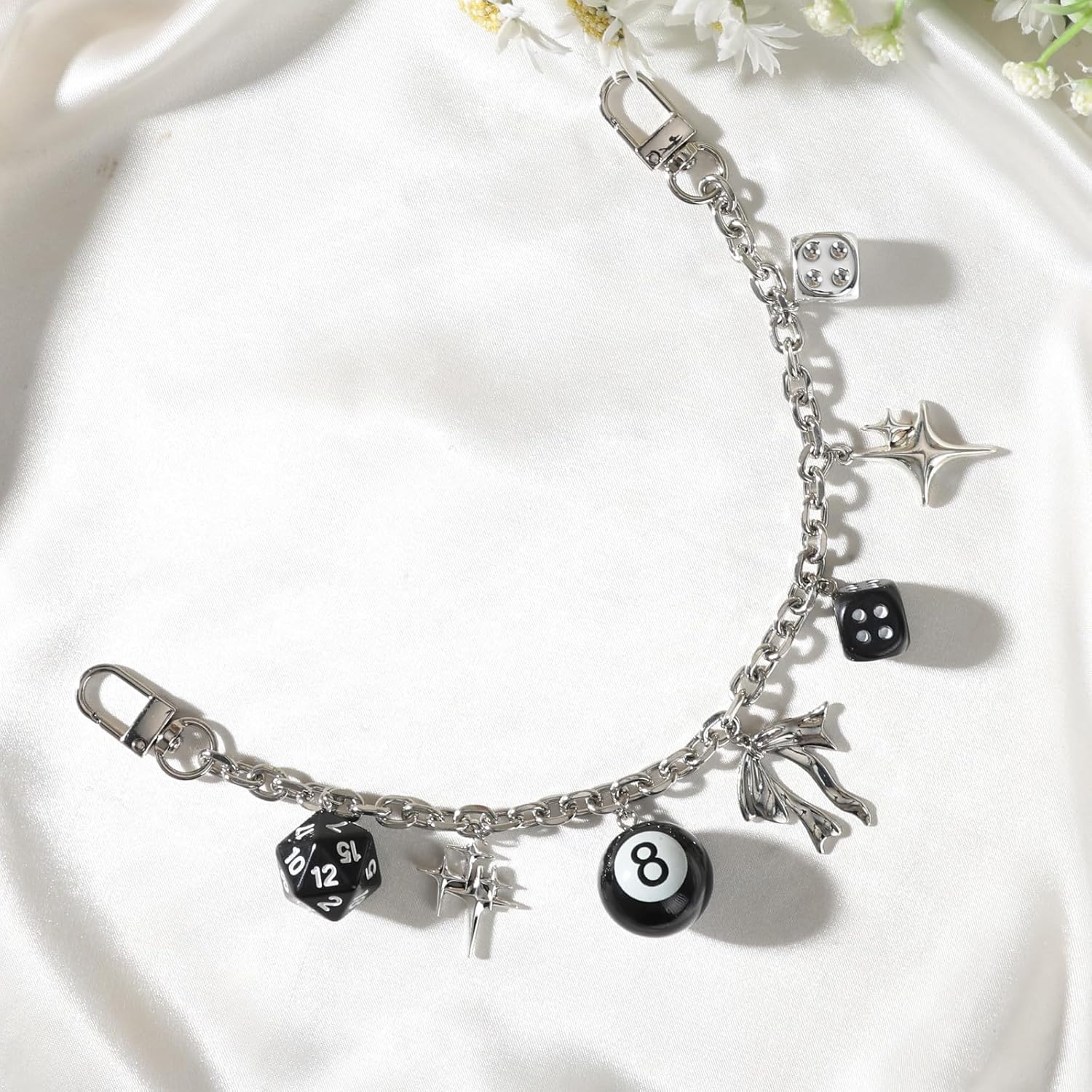 Silver Y2k Bag Chain Charm 8 Ball Dice Star Pendant Handbag Purse image 2