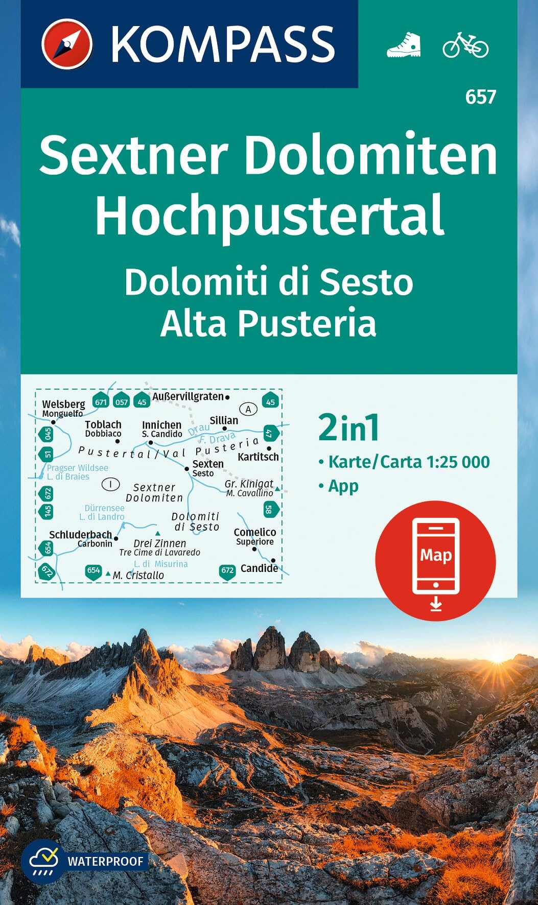 Sextner Dolomiten (657): markierte Wanderwege, Hütten, Fahrradwege, inklusive Karte zur offline Verwendung in der KOMPASS-App