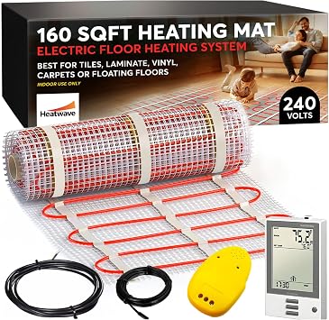 Electric Heated Floor System, 160 Sqft 240V Underfloor Electric Heating System, Heated Floor Mat, Radiant Heaters for Indoor Use, Heating Mat with 7-Day/4 Event Programmable GFCI Thermostat