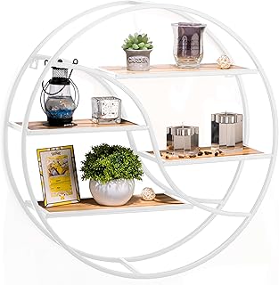 Wandregal Schwarz Metall - Hängeregal für Deko Wohnzimmer Modern 56x14cm | Schweberegal Rund zur Dekoration Badezimmer Deko Schlafzimmer | Küchenregal Zimmer Deko Aesthetic Wanddeko (Weiß)