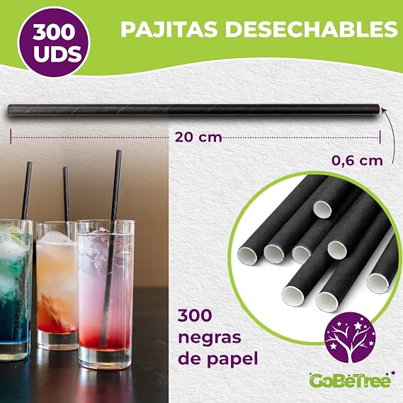GoBeTree Black Paper Straws, 300 Disposable Cardboard Straws