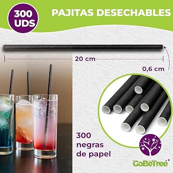 GoBeTree Black Paper Straws, 300 Disposable Cardboard Straws