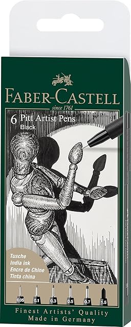 Faber-Castell PITT Artist Pen India Ink Pen - wallet of 6 - colour 199 black - XXS, XS, S, F, M, 1.5, (167154)