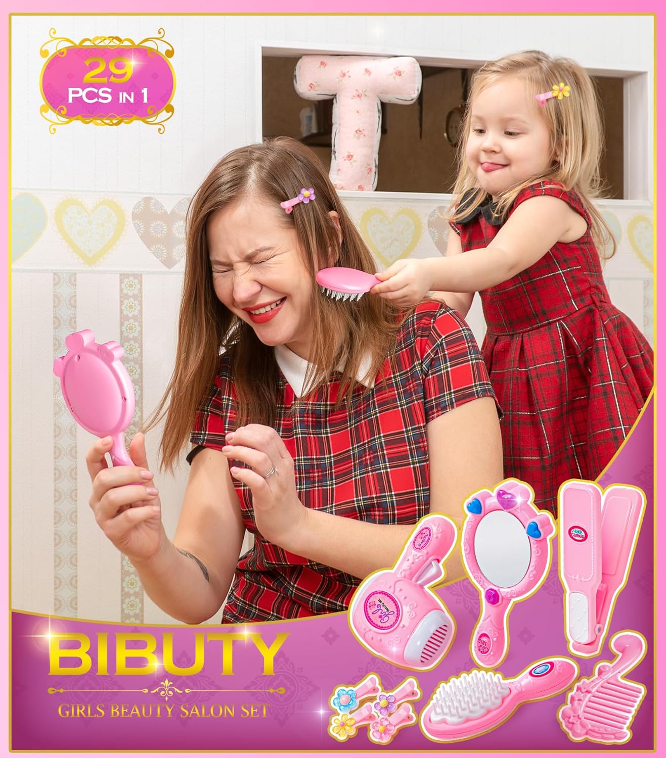Kids Makeup Kit for Girl, Princess Toys Pretend Play Makeup Girls Toys, Kids Makeup Sets for Girls Beauty Salon Set Hair Accessories with Mirror, Hairdryer, Princess Cape Crown Handbag,Birthday Gifts