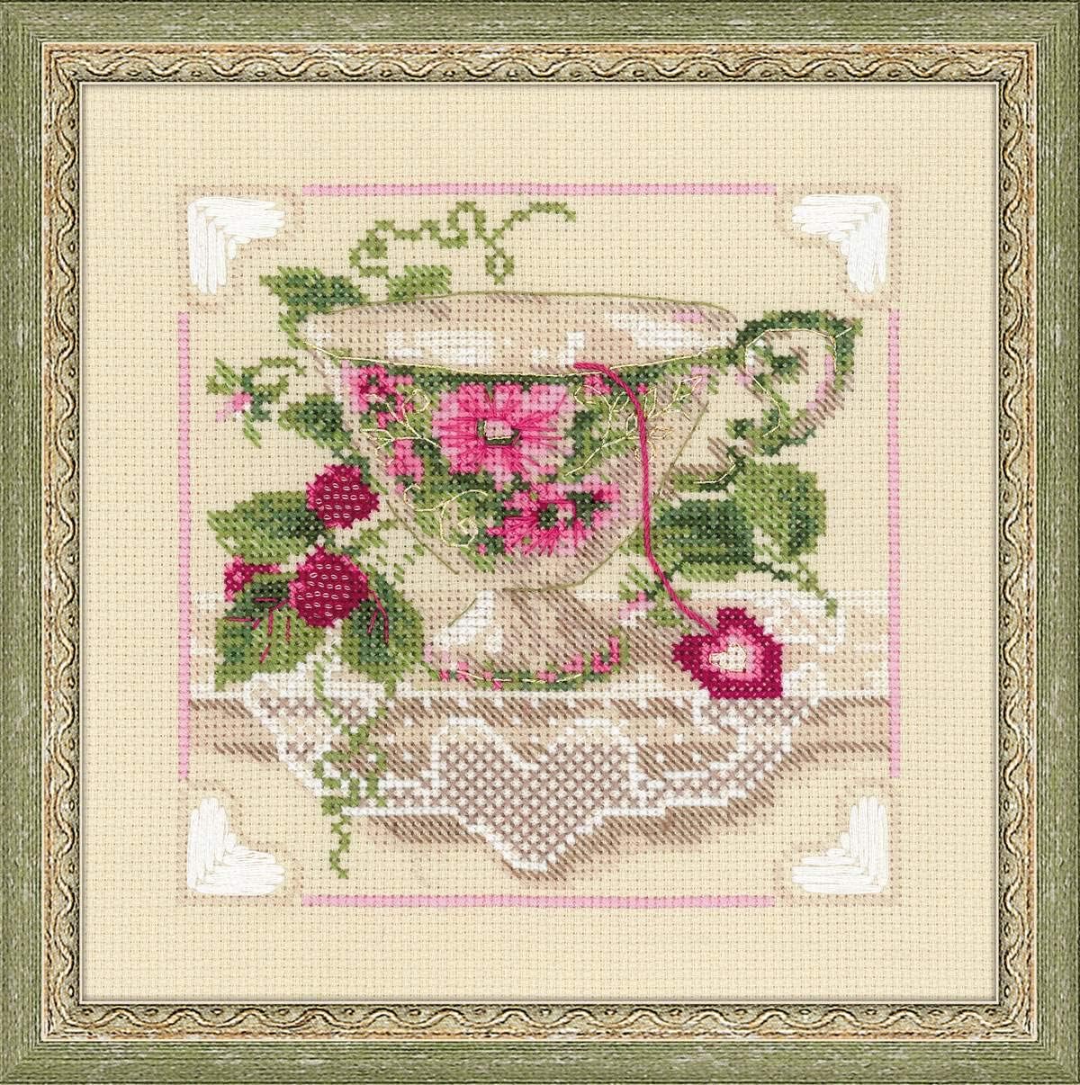 RIOLIS - Raspberry Tea 1476, Cross Stitch Kits 7,87" x 7,87", Cross Stitch Kits for Beginners & Advanced, Crossstitching Kit Adult, Embroidery Counted Stitching Kit