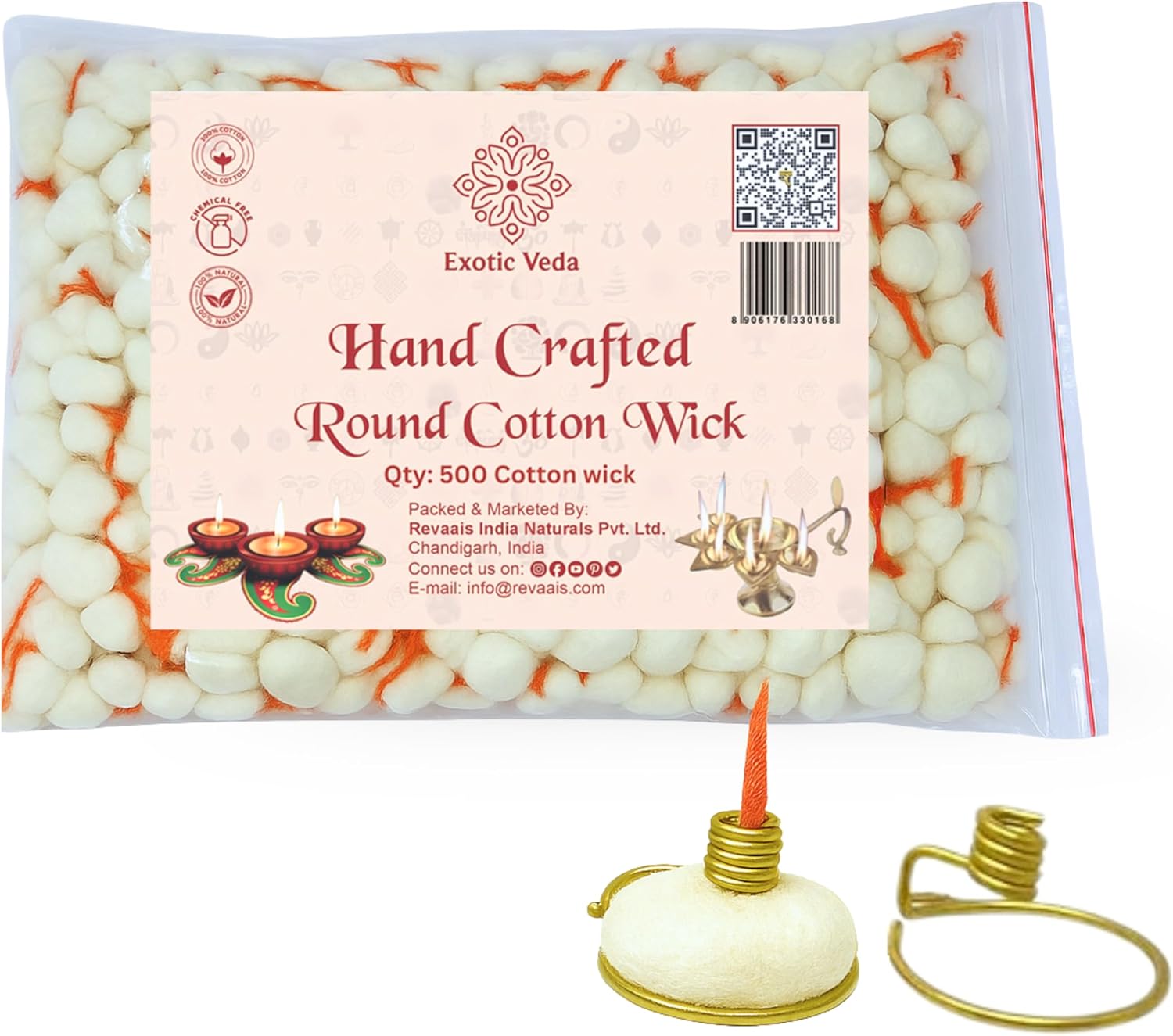 Round Cotton Wicks with Brass Holder for Diya – Traditional Oil Lamp Wick Set – Natural, Handspun, Eco-Friendly – Ideal for Puja & Spiritual Use (Pack of 500)