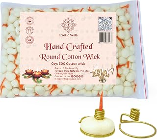 Round Cotton Wicks with Brass Holder for Diya – Traditional Oil Lamp Wick Set – Natural, Handspun, Eco-Friendly – Ideal for Puja & Spiritual Use (Pack of 500)