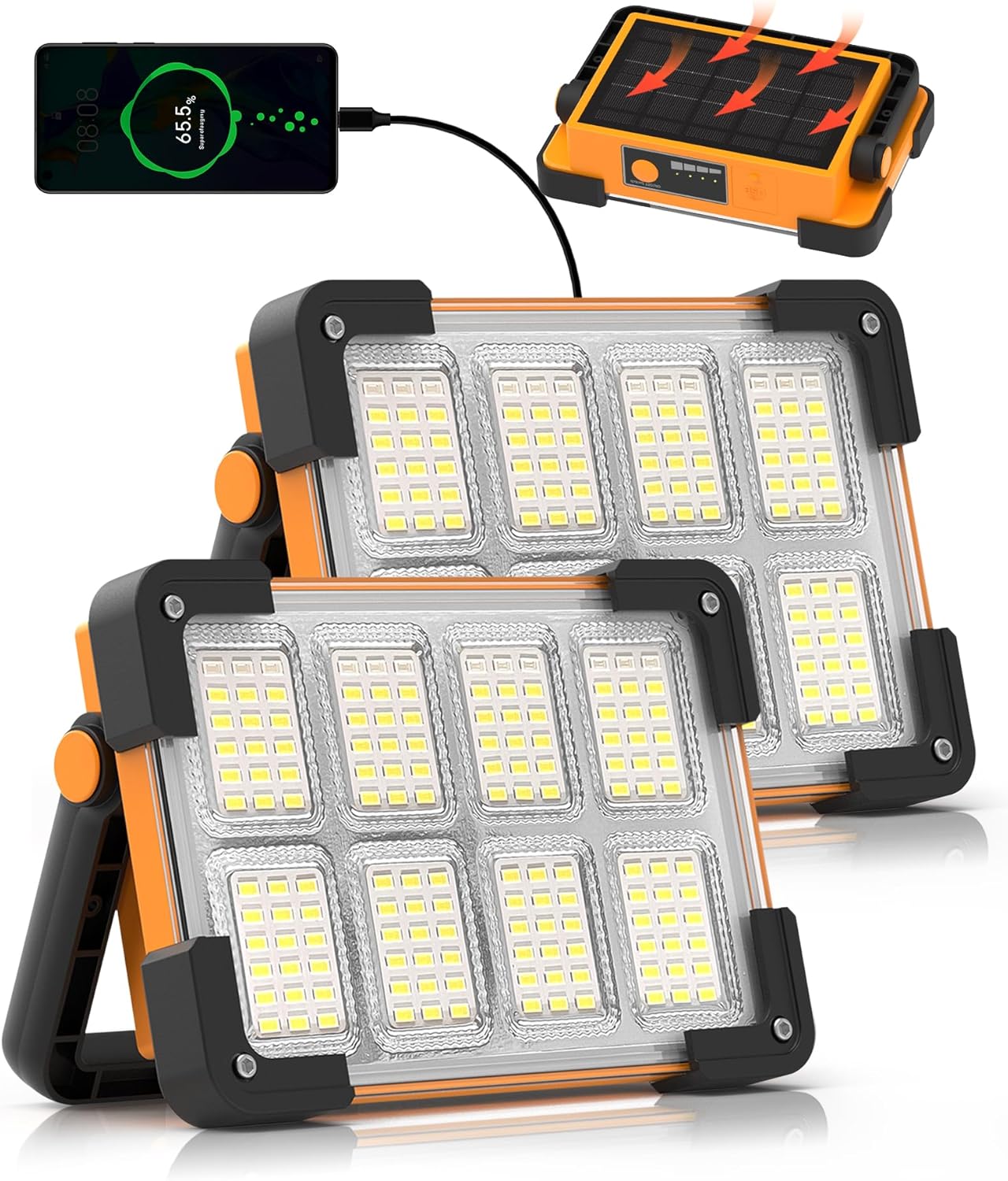 2 Pack 120W Solar Rechargeable Work Light, 144 LED 10000LM Led Work Light with 4 Modes, Portable Flood Light with Stand, IP66 Waterproof Outdoor Working Light for Emergency Mechanic Camping Repair