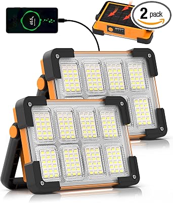 2 Pack 120W Solar Rechargeable Work Light, 144 LED 10000LM Led Work Light with 4 Modes, Portable Flood Light with Stand, IP66 Waterproof Outdoor Working Light for Emergency Mechanic Camping Repair