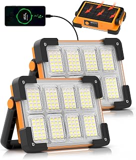 2 Pack 120W Solar Rechargeable Work Light, 144 LED 10000LM Led Work Light with 4 Modes, Portable Flood Light with Stand, IP66 Waterproof Outdoor Working Light for Emergency Mechanic Camping Repair