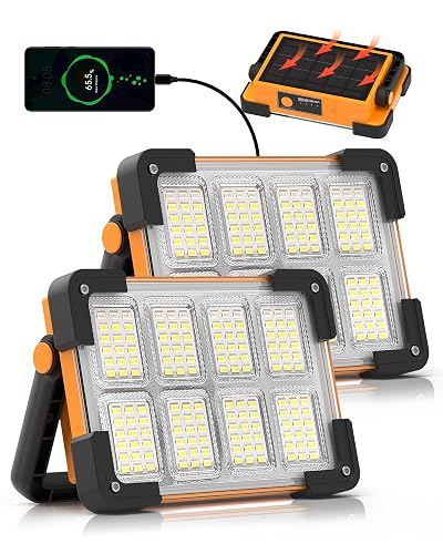 DANCINGBOAR 120W Solar Rechargeable 144 LED Work Light, 10000LM Flood Light | Portable Camping Light, 4 Modes, IP66 Waterproof Outdoor Job Site Light with Stand for Emergency, Garage and Repair