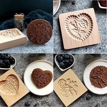 4Pcs Wooden Cookie Molds Carved Wooden Cookie Mold Baking Flower Cookie Mold Wooden Kitchen Cookie Cutter Biscuit Embossing Press Molds DIY Baking Tools 4Pcs Flower Set