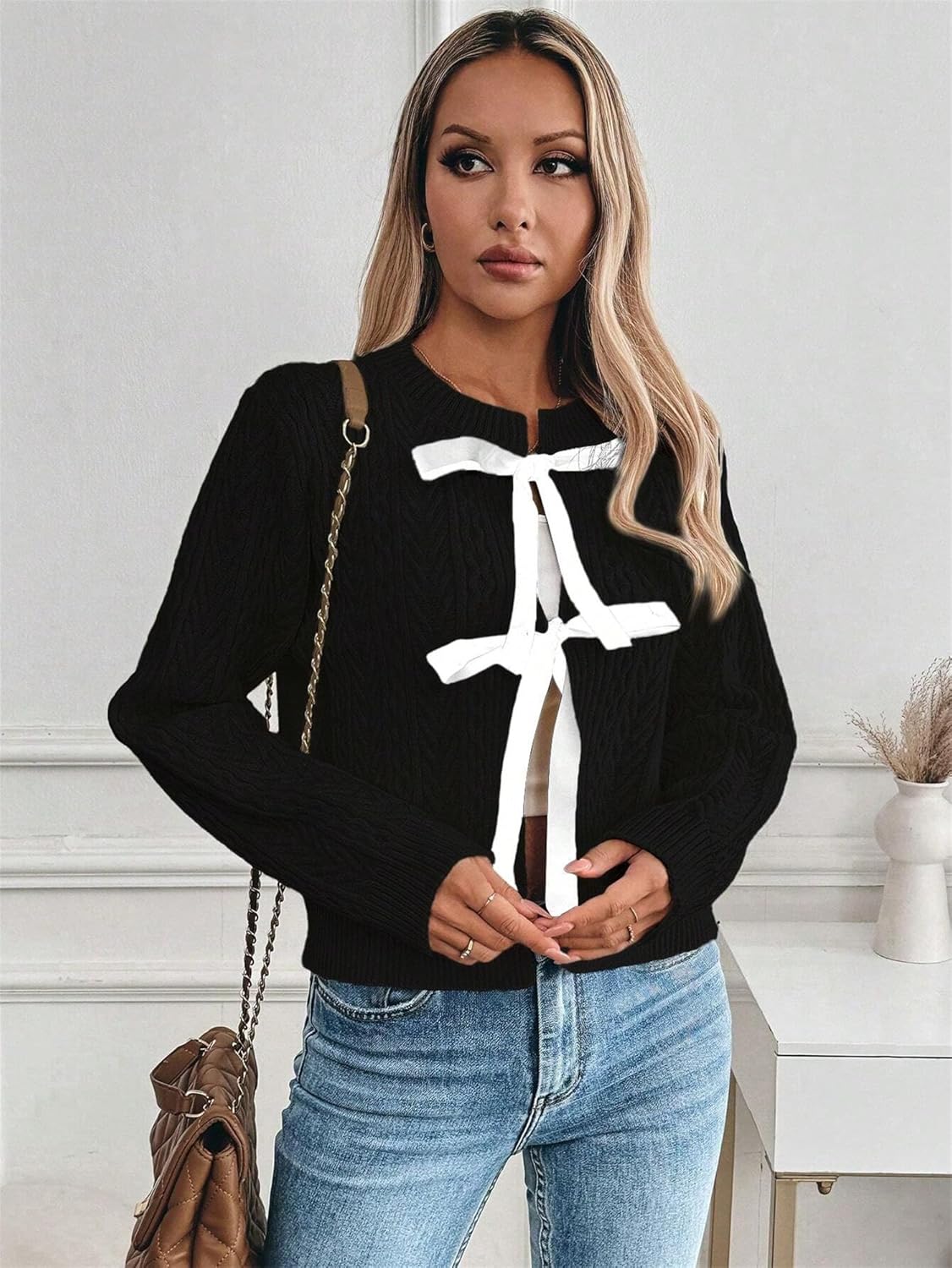 ZAFUL Women's Tie Front Cardigan Color Block Bow Cable Knit Sweater Open Front Long Sleeve Coats Tops - Image 6