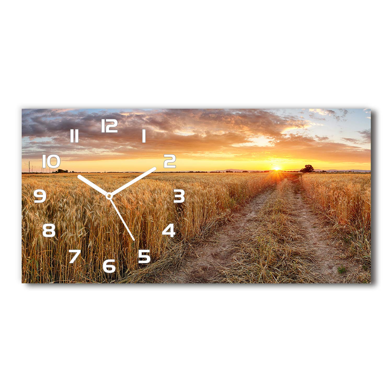Horloge en verre 60x30cm Tulup, pendule sur pied silencieuse motif champ de blé blanc