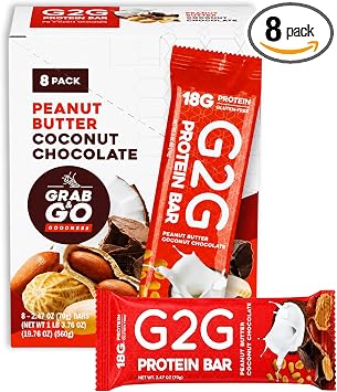 G2G Protein Bar, Peanut Butter Coconut Chocolate, Real Food, Refrigerated for Freshness, Healthy Snack, Delicious Meal Replacement, Gluten-Free 8 Count 1 Box