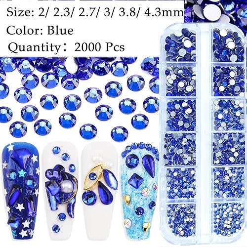 Miniatura 3 de 2120 diamantes de imitación para uñas, diamantes de imitación azules, cuentas redondas con parte trasera plana, piedras preciosas de cristal de