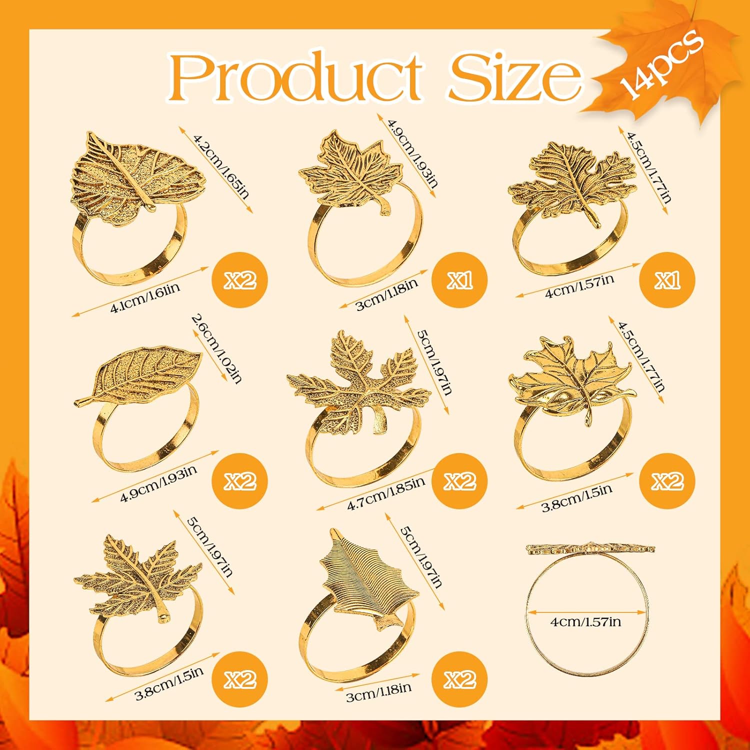 Set of 14 Napkin Rings Maple Leaf 8 Styles Gold Napkin Rings Holder Vintage Alloy Napkin Ring for Holiday Party Home Dinning Table Settings Weddings Receptions Decoration : Home & Kitchen