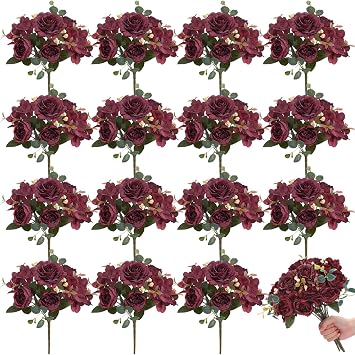 Yunlly 16 Packs Artificial Peony Flowers Faux Peonies Bouquet Silk Vintage Wedding Home Table Door Decor Reusable Bouquet Rose Flowers for Bridal Wedding Birthday Home Burgundy,Elegant
