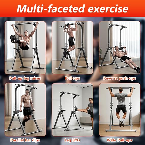 Foldable Power Tower, Pull Up Bar with 11-Height Adjustment(68.9-82.7in), Free Standing Dip Station for Home Gym, Multi-Function Training Equipment for Pull-up, Press-up, Strength Training