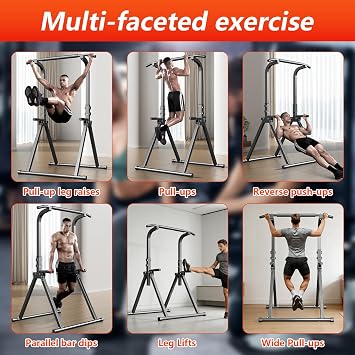 Foldable Power Tower, Pull Up Bar with 11-Height Adjustment(68.9-82.7in), Free Standing Dip Station for Home Gym, Multi-Function Training Equipment for Pull-up, Press-up, Strength Training