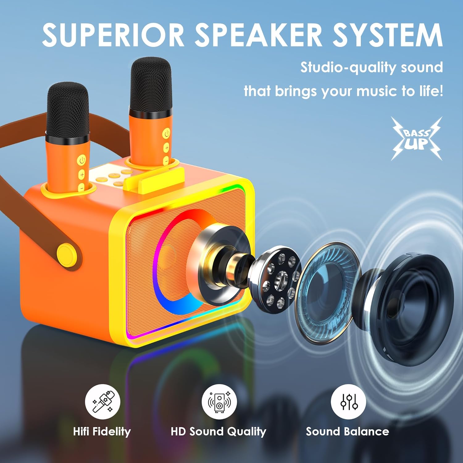 Karaoke Machine,Portable Bluetooth Speaker with 2 Wireless Microphone for Adults & Kids with LED Lights, Karaoke Microphone with PA System Supports USB/TF/AUX,Gift for Party (Orange Yellow)