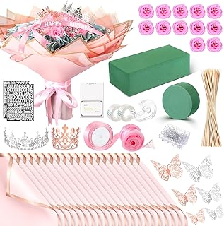 Maysing Money Bouquet Kit 12 Pcs Glitter Roses 20 Sheet Flower Wrapping Paper DIY Flower Bouquet Floral Foam Blocks Sticker for Anniversary Birthday Mother's Day Graduation(Pink+rose Pink)