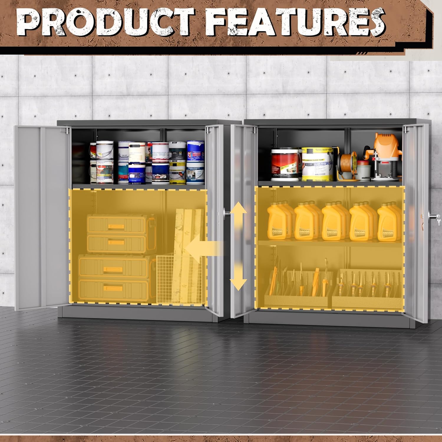 INTERGREAT Metal Cabinet with Lock, Lockable Metal Storage Cabinets with Doors and Shelves for Garage, Black Grey Locking Garage Storage Cabinets 36"×32"×16"