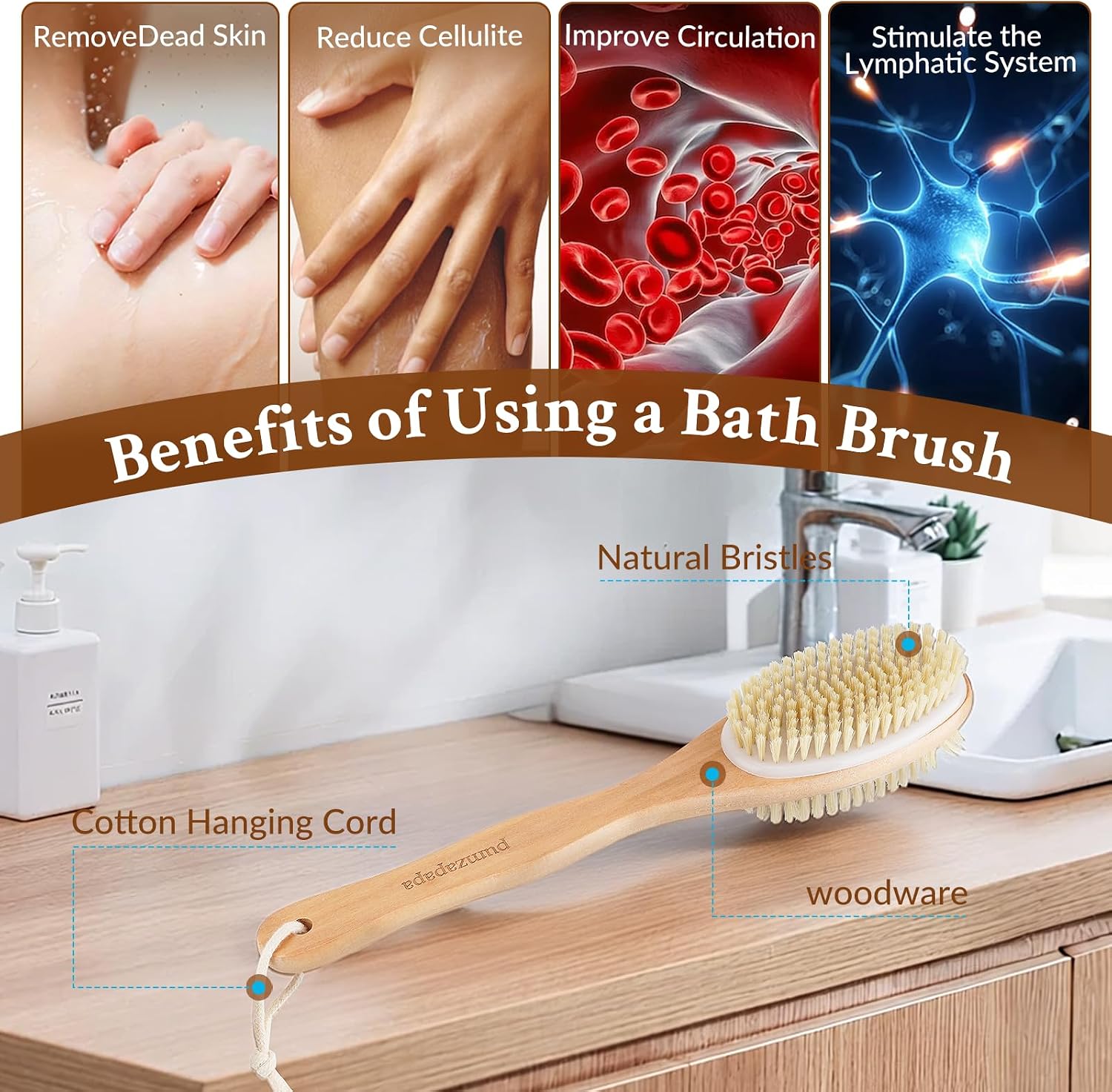 Double-Sided Body Brush, Long-Handled Bath Brush Set, Dry/Wet Dual-Use Exfoliating Wooden Cleansing Brush, Unisex Cleansing Scrub Brush, 2 Pack
